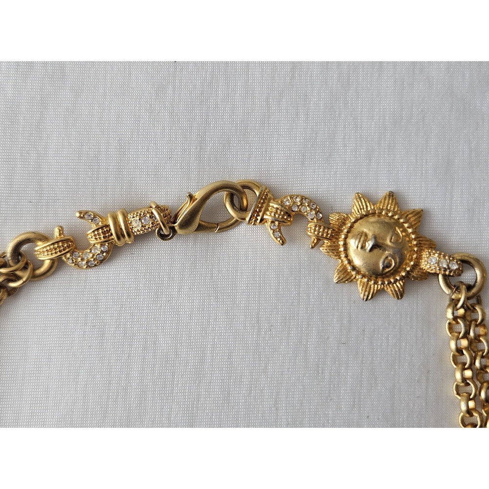 Gold Tone Chunky Double Chain Sun + Moon + Jewel Necklace W/ Lobster Clasp - Picture 2 of 7